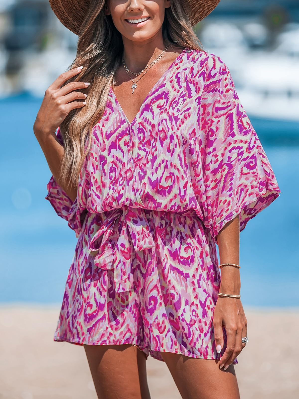 Women's Lace Up Print Romper Short Sleeves Jumpsuits Wide leg Outfit (buy 2 free shipping!!!)