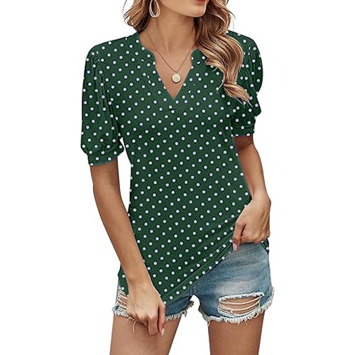 Women's Polka Dot V-neck Short Sleeve Shirt Puff Sleeve Top(BUY 3 FREE SHIPPING)