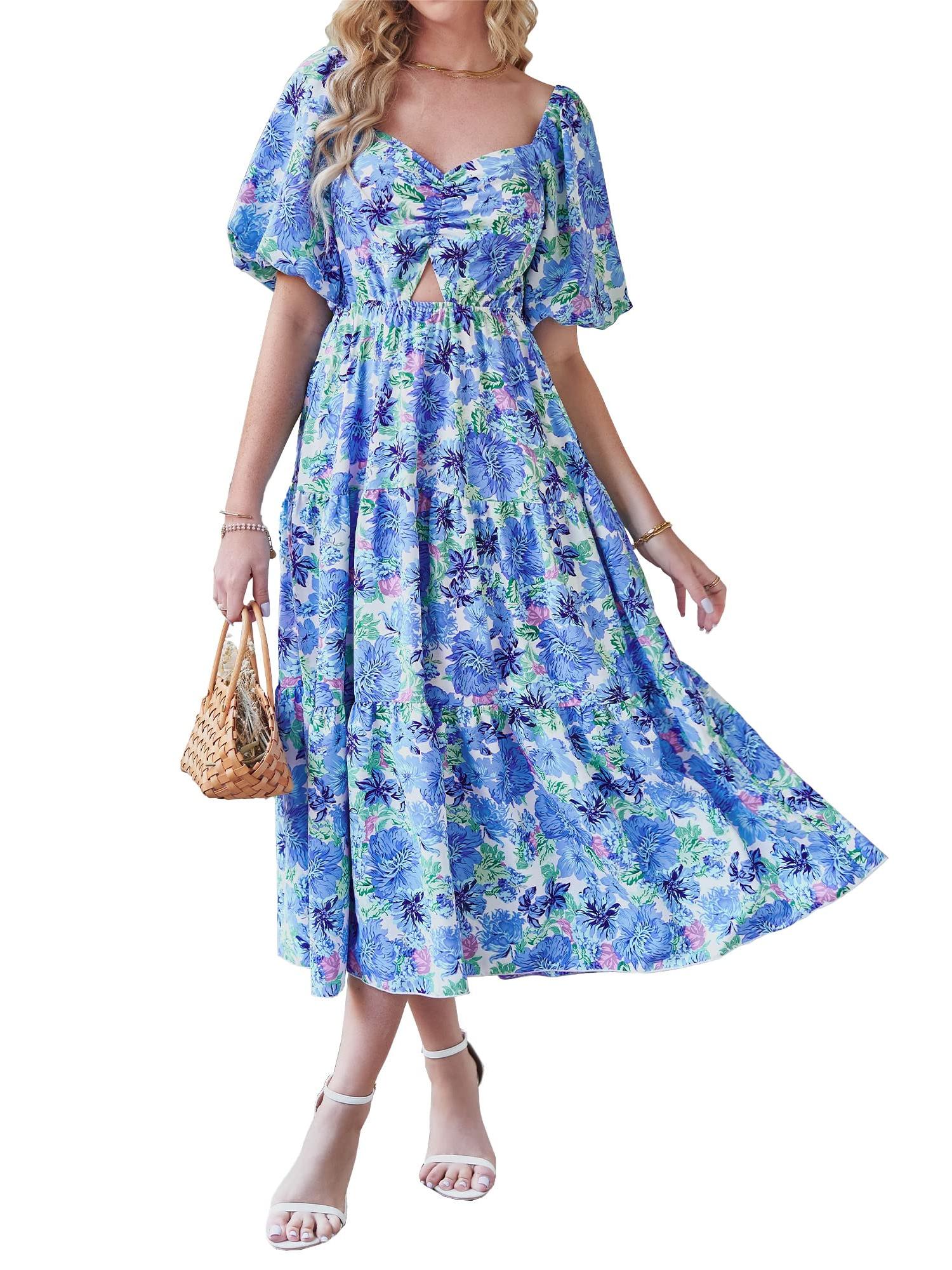 Women's Casual Flowy Square Neck Puff Short Sleeve Boho Floral Long Maxi Dress(BUY 2 FREE SHIPPING)