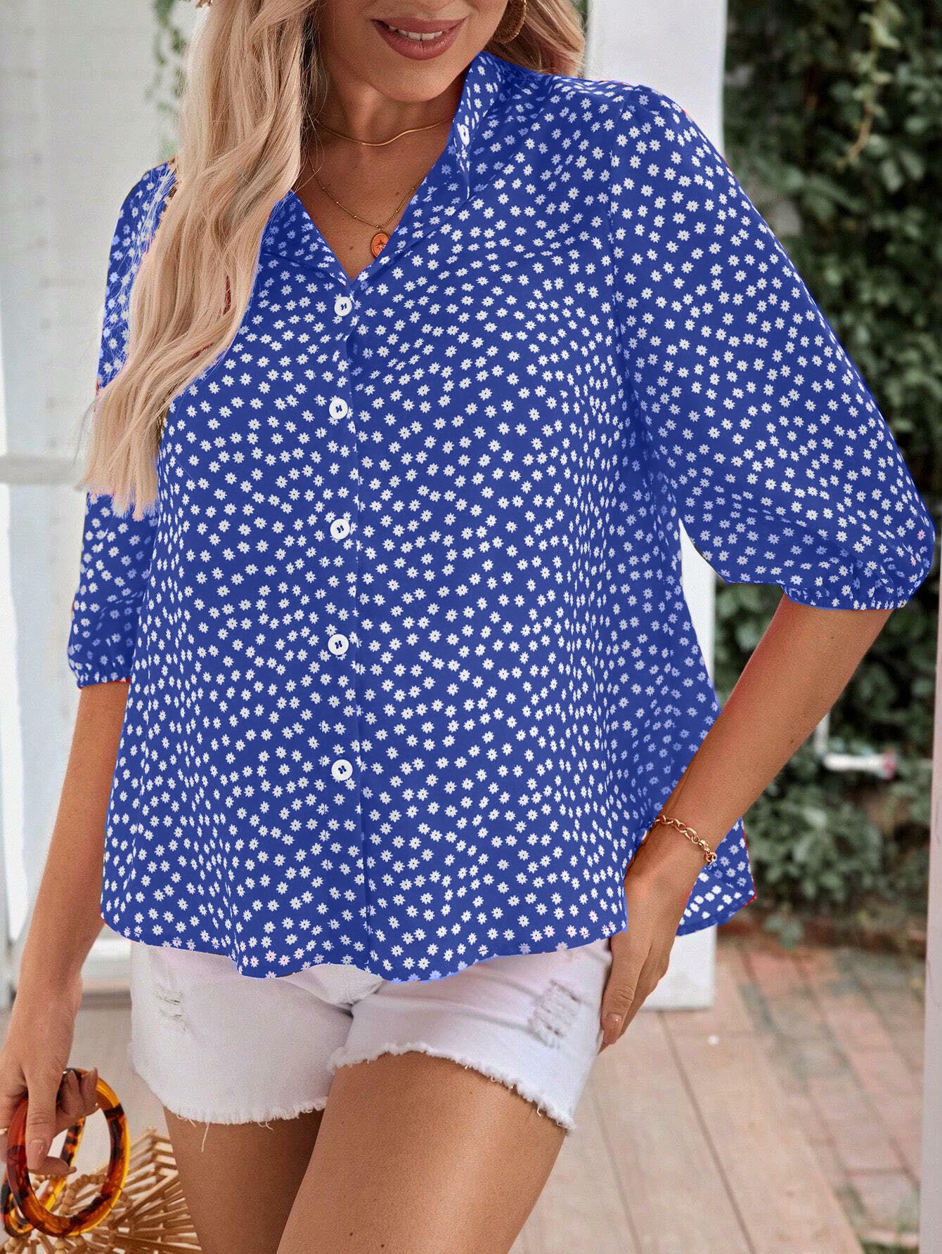 Women's Floral Print Half Sleeve Button Down Shirt Blouse (BUY 2 FREE SHIPPING)