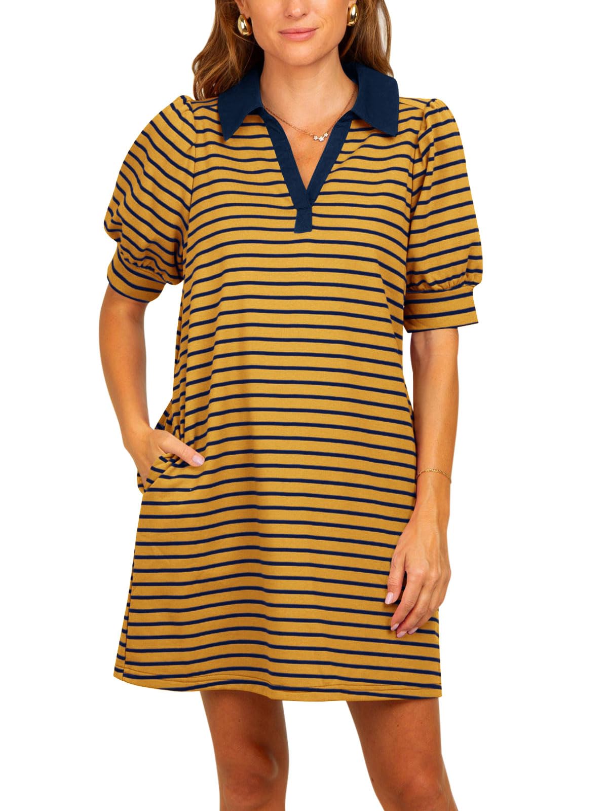 Women's Lapel Collared  Striped Dress Puff Polo Tshirt Dresses with Pockets (BUY 2 FREE SHIPPING!!!)