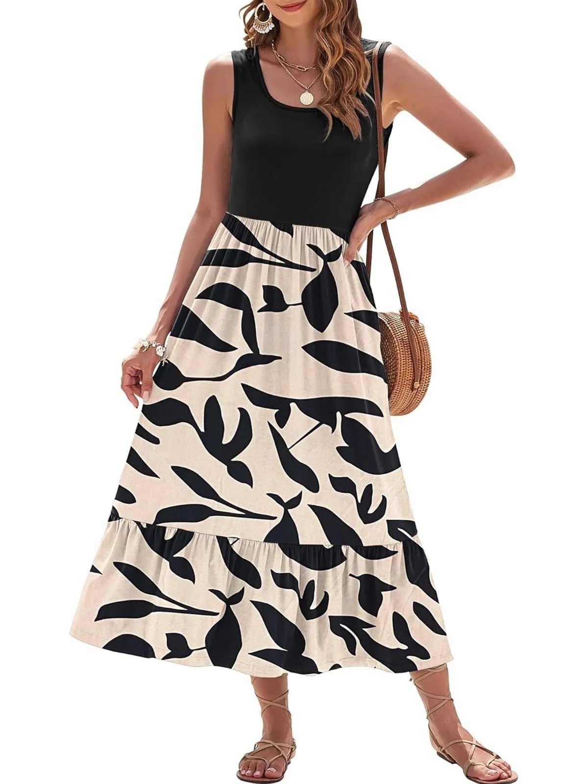 HOT SALE Women's Printed Casual Sleeveless Square Neck Printed Multi-Layer Pocket Dress