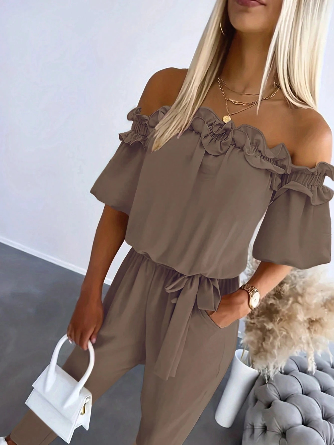 Women's Solid Color Off-Shoulder Short Sleeve Pleated Casual Jumpsuit (Buy 2 Free Shipping!!!)