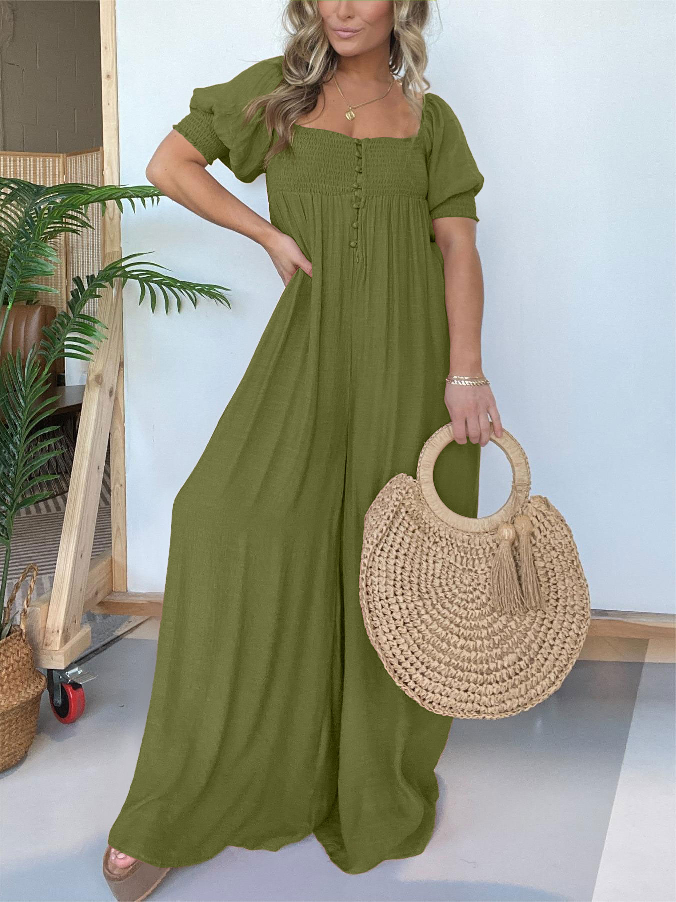 Square Neckline Jumpsuit with Smocked Bodice Button (Buy 2 Free Shipping)