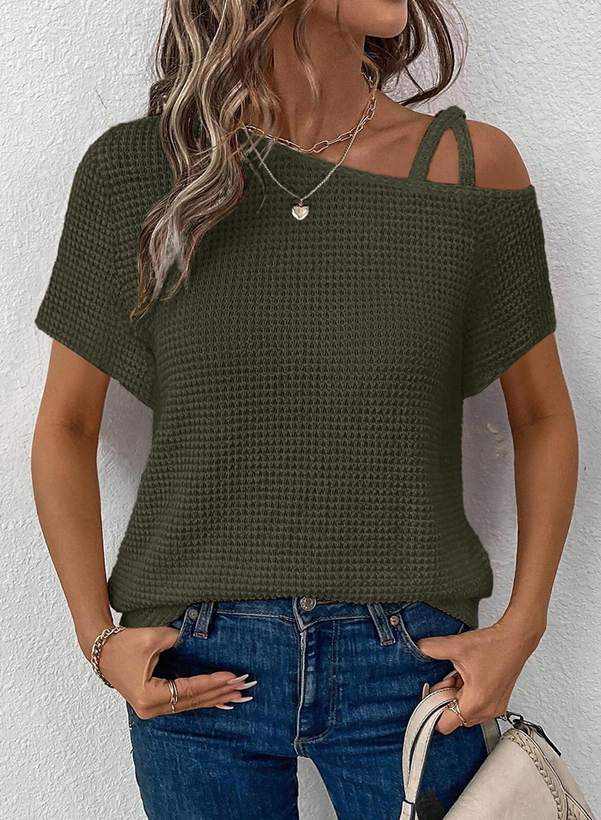 Women's Summer Off-Shoulder Waffle Knit Short Sleeve Top (Buy 2 Free Shipping!!!)