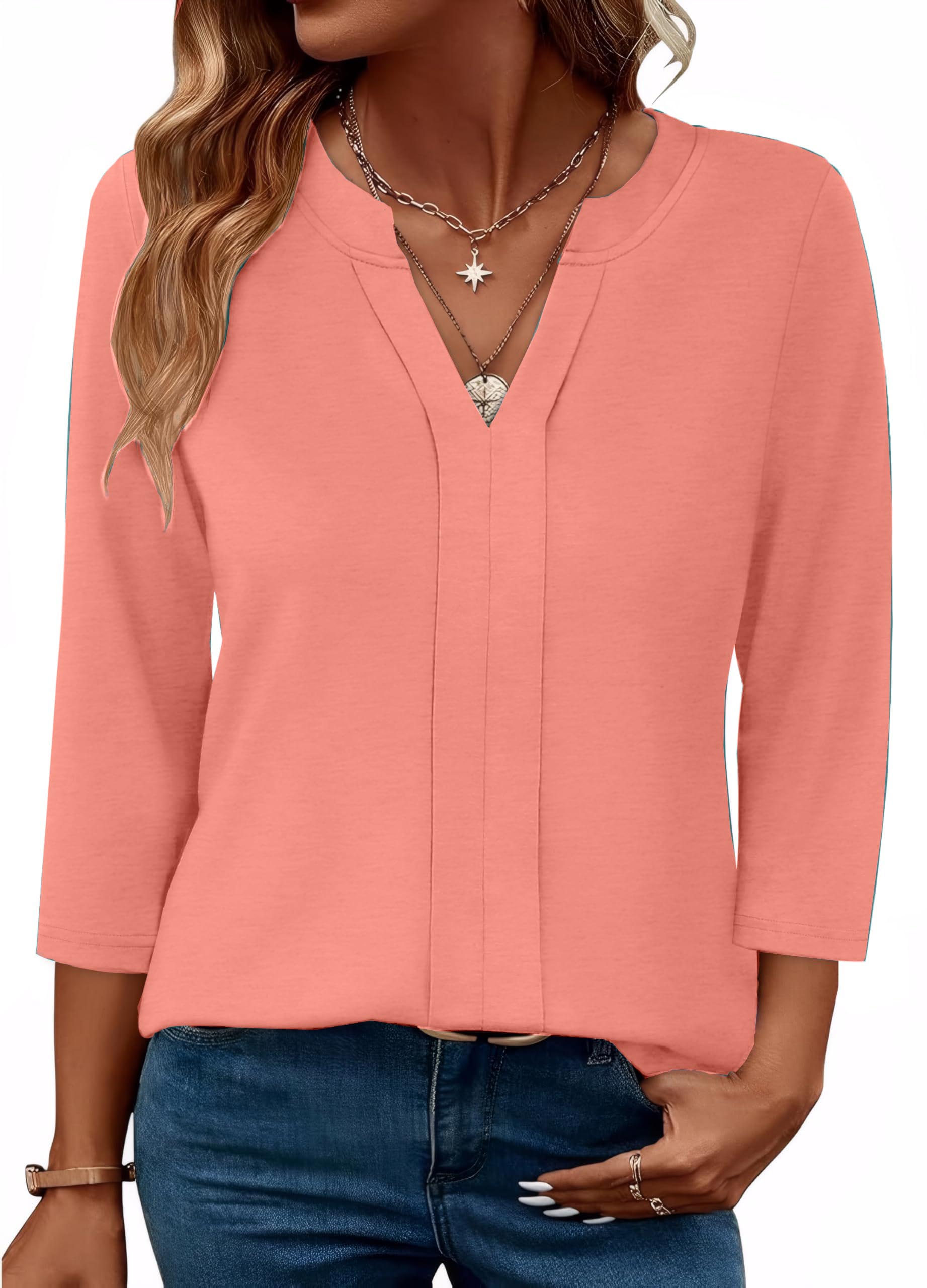 Womens 3/4 Length Sleeve Tops V Neck Pleated Work Blouses(buy 3 free shipping)