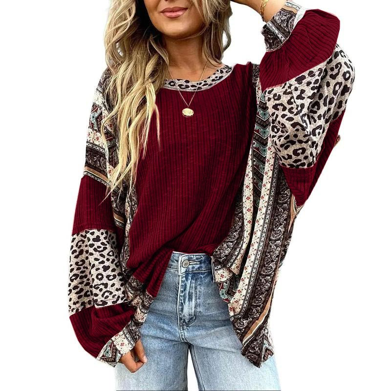 Limited time sale🔥Womens Loose fit Long Sleeve Oversized Retro Leopard Contrast Patchwork Top