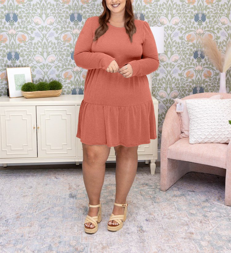 Raised Rib Long Sleeve Tiered Dress