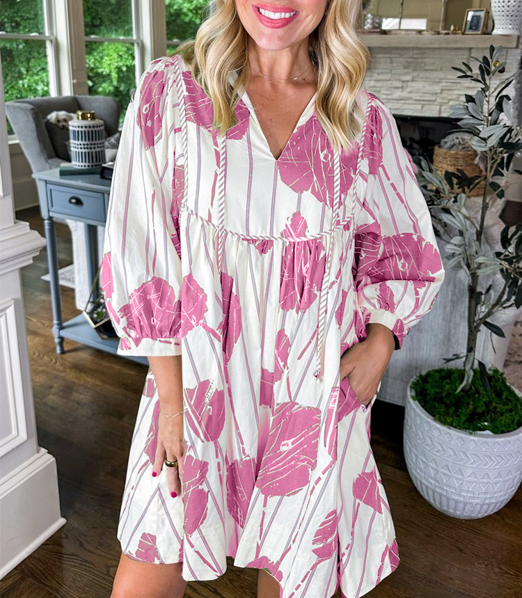 Women's Stripe Print 3/4 Sleeve Mini Dress