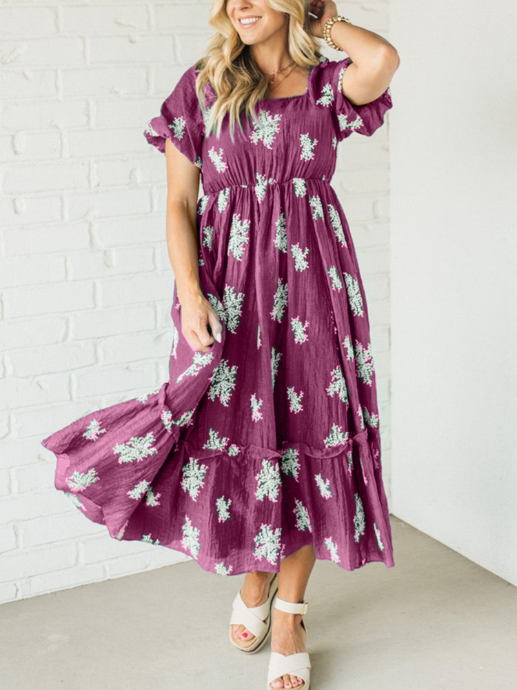 Women's Embroidered Bubble Sleeve Dress
