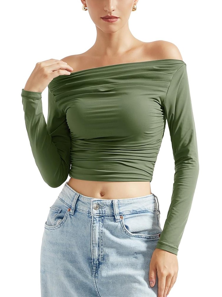 HOT SALE Women's Off Shoulder Ruched Long Sleeve Fitted Crop Tops