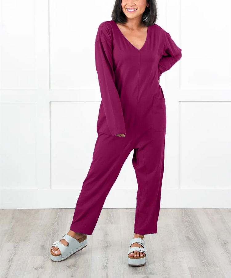 Solid Long Sleeve V Neck Jumpsuit With Patch Pockets (Multiple Colors)