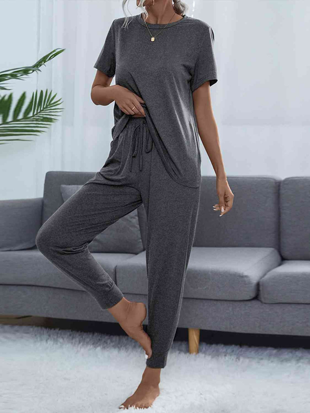 Women's Round Neck Short Sleeve Top and Pants Set