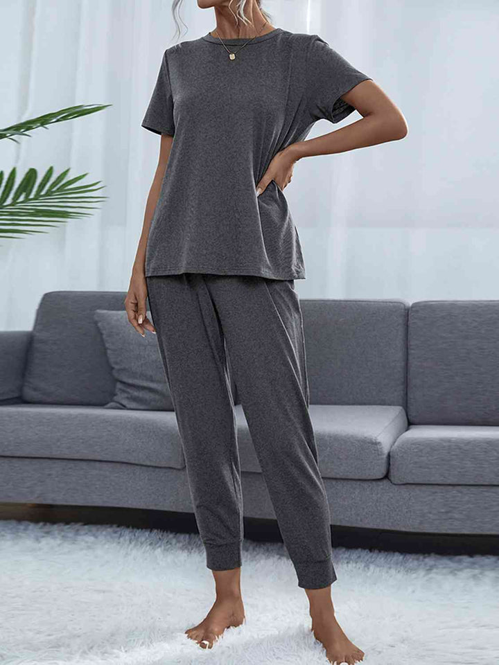 Women's Round Neck Short Sleeve Top and Pants Set