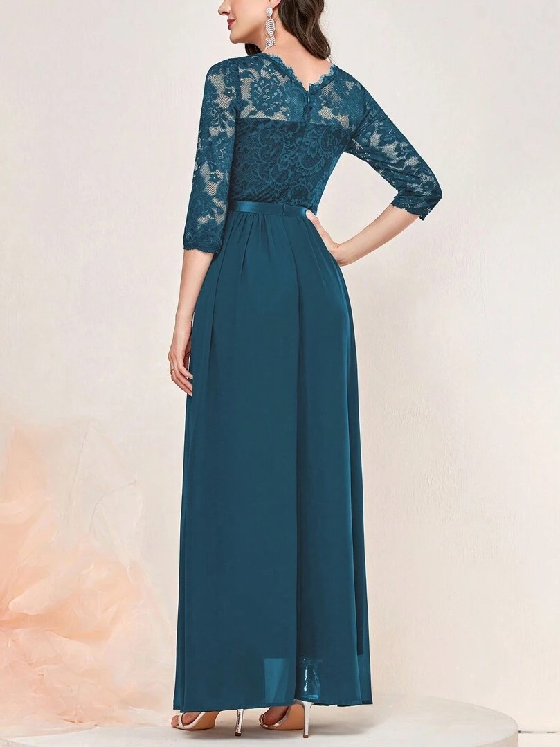 Floral Lace 3/4 Sleeve Bodice Ribbon Pleated Party Maxi Dress