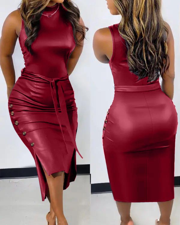 Buttoned Split Hem PU Leather Tie Waist Bodycon Dress