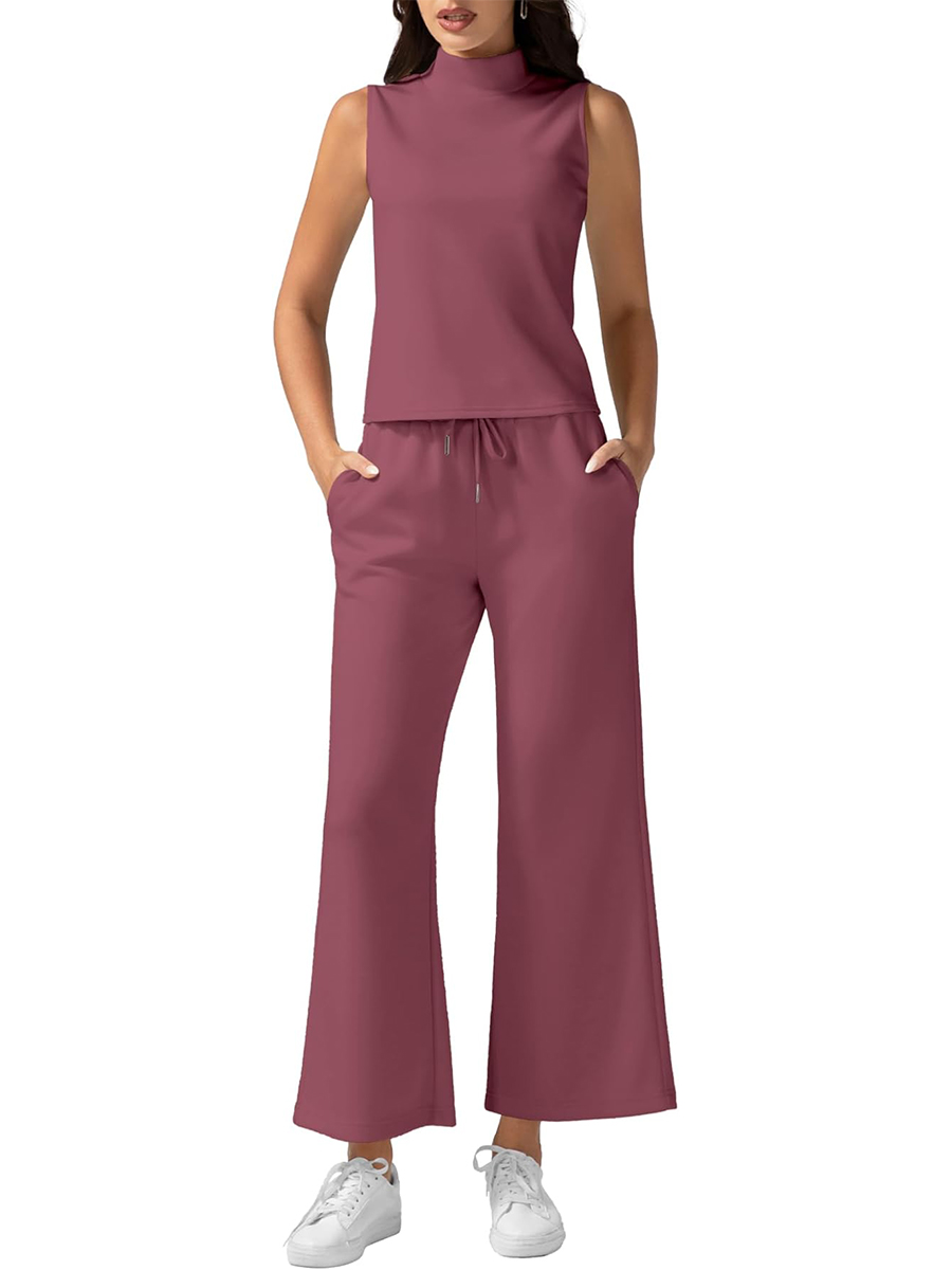 Women's Mock Neck Sleeveless Tank Top & Wide Leg Pants 2 Piece Lounge Sets