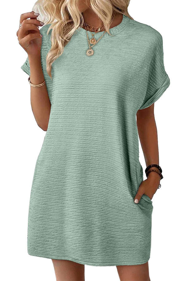 Women's Crewneck Short Sleeve Textured Mini Dress Casual Beach Vacation Dresses