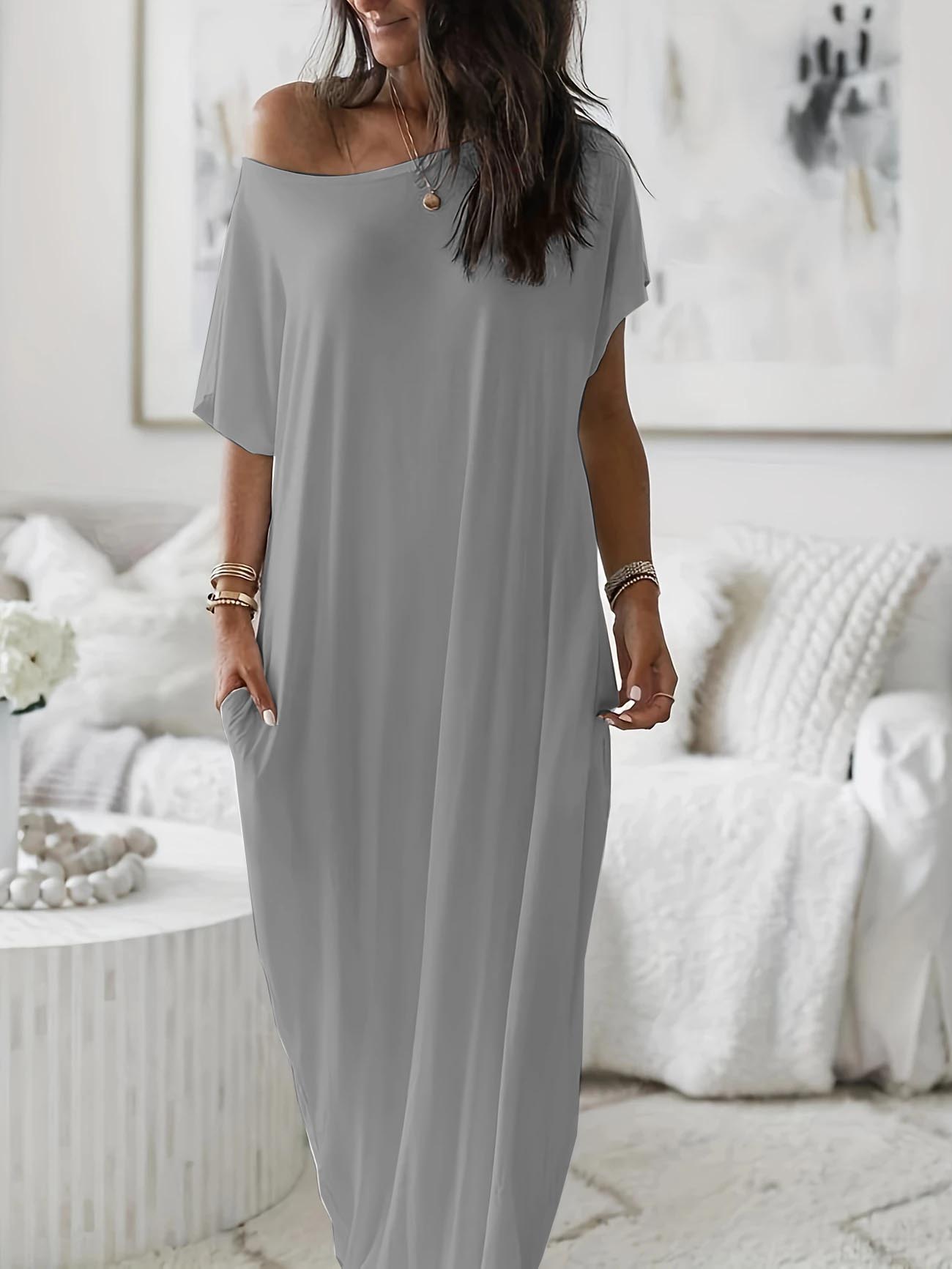 Women's Oversized Solid Slant Shoulder Pocket Dress