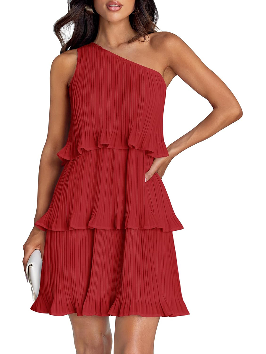 Women's Summer One Shoulder Ruffle Tiered Layered Chiffon Flowy A Line Dress