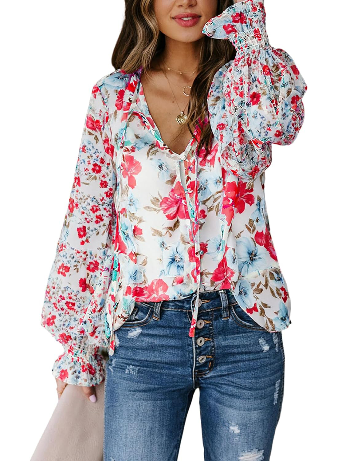 Women's Boho Floral Print V Neck Long Sleeve Drawstring Button Blouses