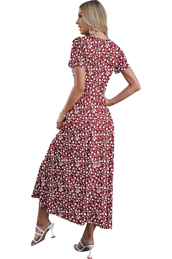 Women's V Neck Floral Print Beach Long Flowy Dress with Pockets