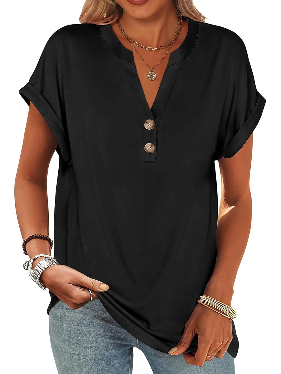 Women's V Neck Button Casual Loose Fit Short Sleeve Shirts Henley Tops