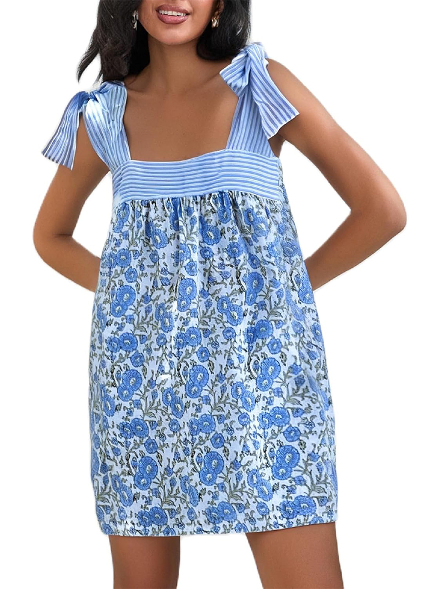 HOT SALE Women's Boho Square Neck Tie Shoulder Sleeveless Floral Mini Dress