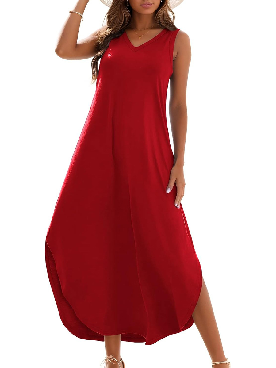 Women's Summer Casual Loose Sleeveless V Neck Split Tank Long Dress with Pockets