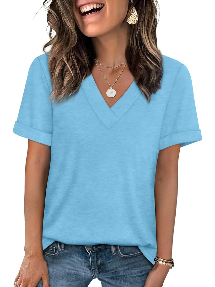 Women's Summer V Neck Short Sleeve Basic Casual T-shirt