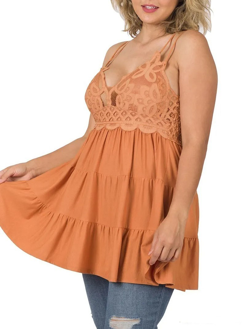 Women's Crochet Lace Ruffle Cami Tiered Ruffle Dress with Pads