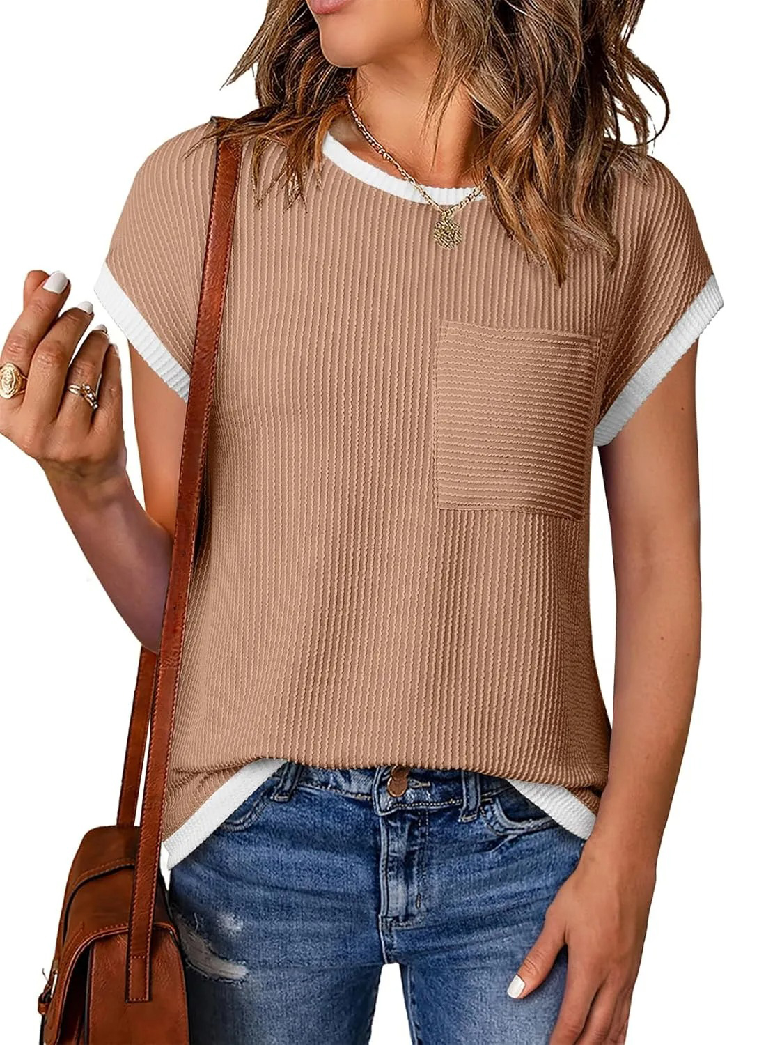 HOT SALE Women's Short Sleeve T Shirts Crewneck Color Block Ribbed Knit Tee