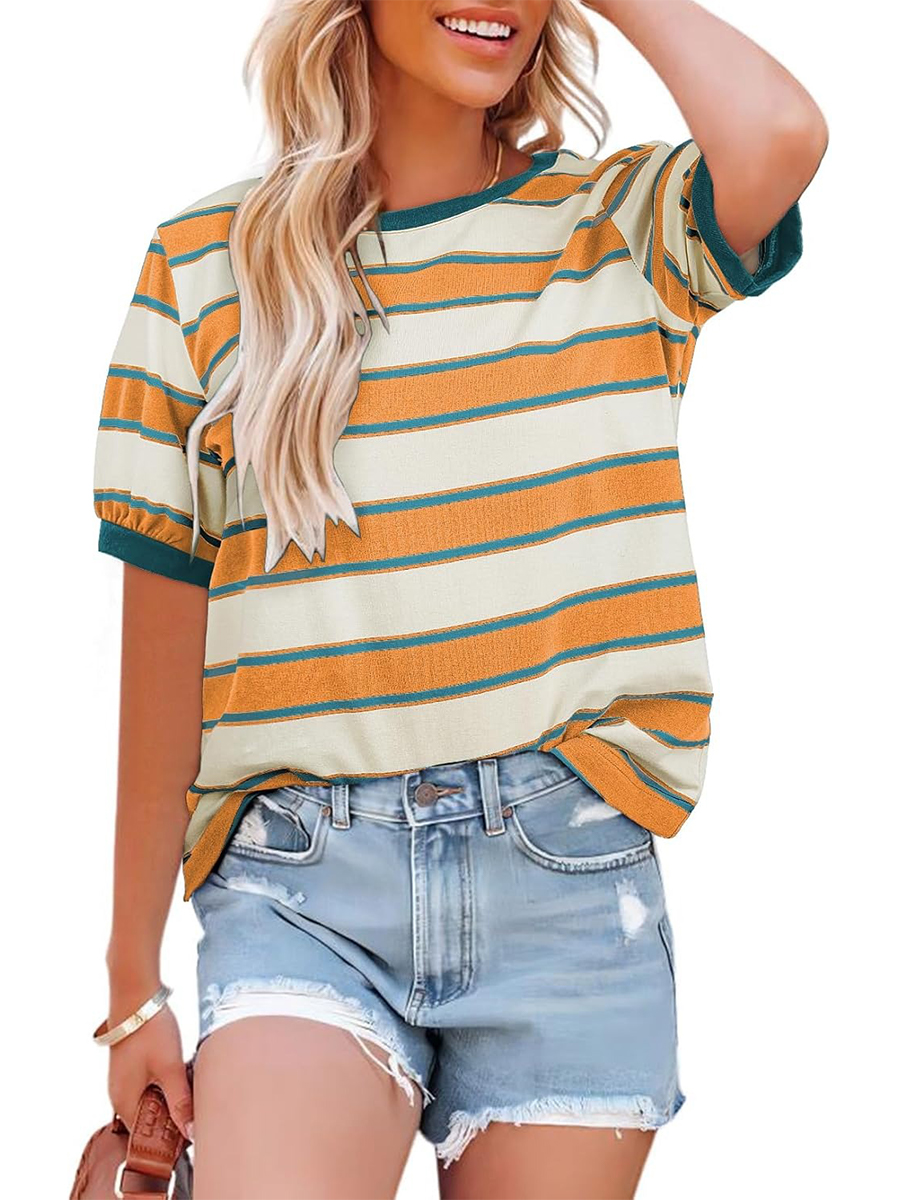 HOT SALE Women's Striped Color Block Short Sleeve T-Shirts Casual Loose Basic Tee