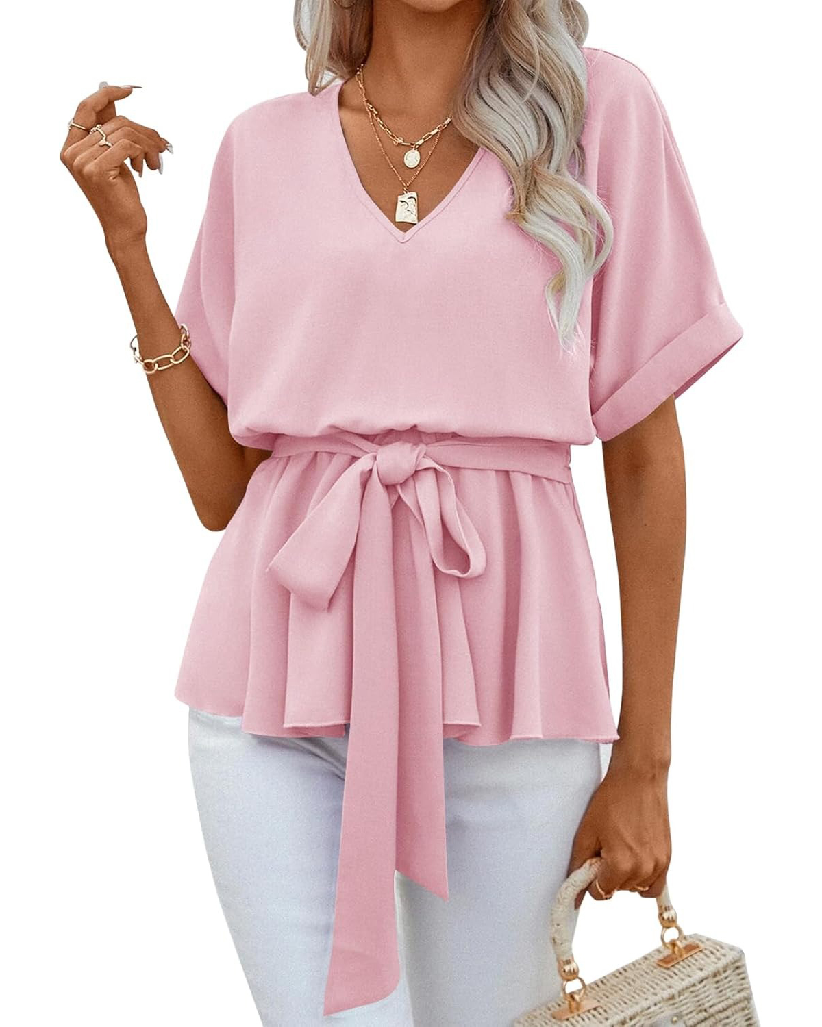 Women's V Neck Belted Ruffle Short Sleeve Blouse Casual T-Shirts