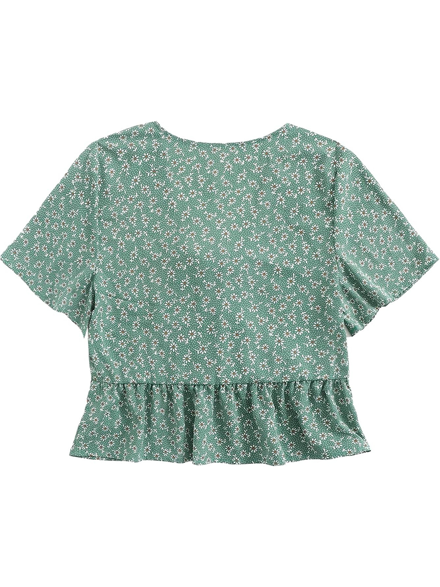 Women's Floral Print V Neck Tie Knot Ruffle Hem Short Sleeve Top