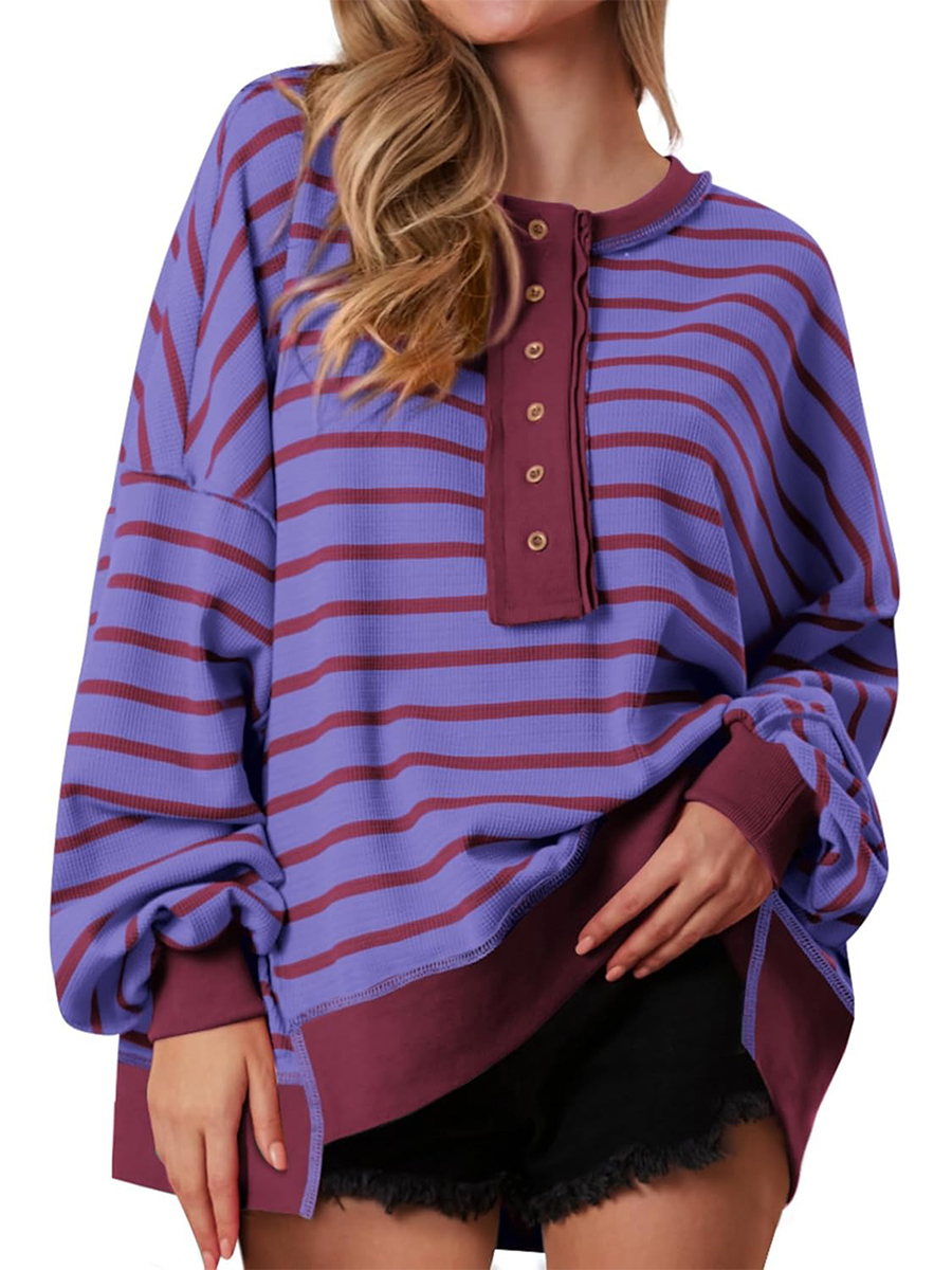 Women's Striped Oversized Sweatshirt Button Up Henley Neck Waffle Knit Pullover