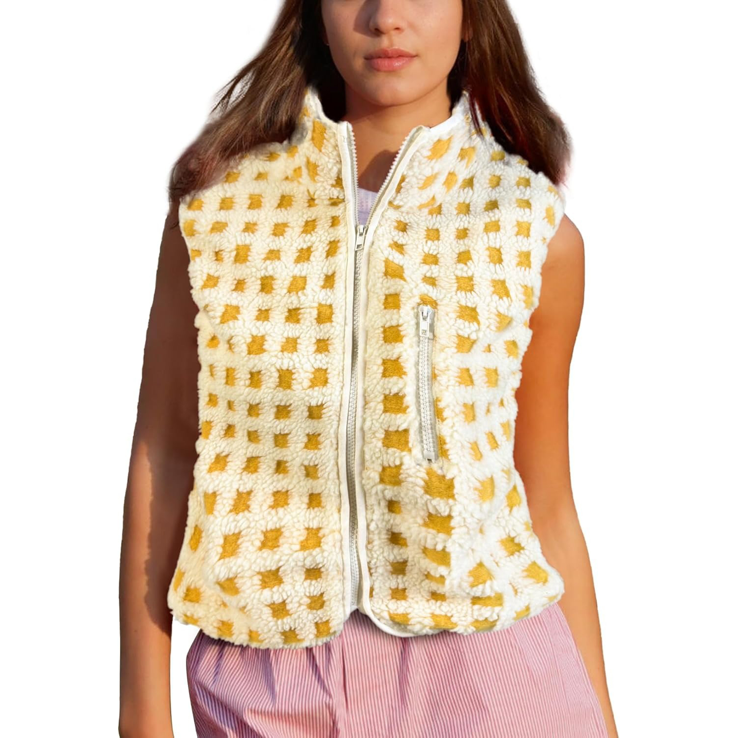 Women's Trendy Plaid High Neck Sherpa Zipper Vest Fleece Jacket