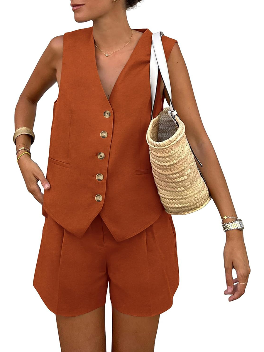 Women's Sleeveless Matching Sets Button Down V Neck Vest Waistcoat and Pockets Shorts