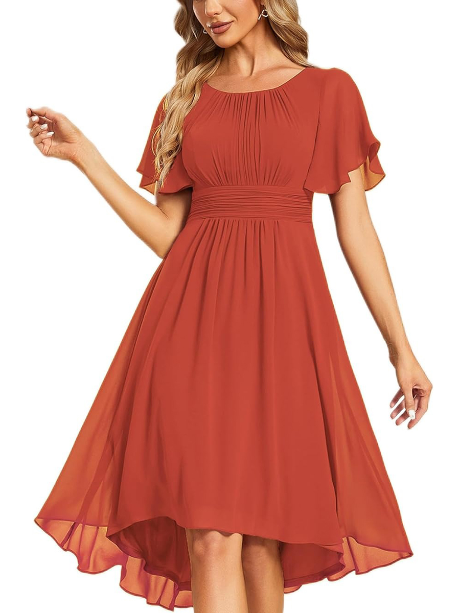 Women's Crew Neck Pleated Ruffle Short Sleeve Dress