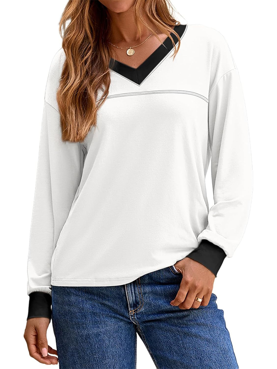 HOT SALE Women's Long Sleeve Casual Soft V Neck Oversized T Shirts
