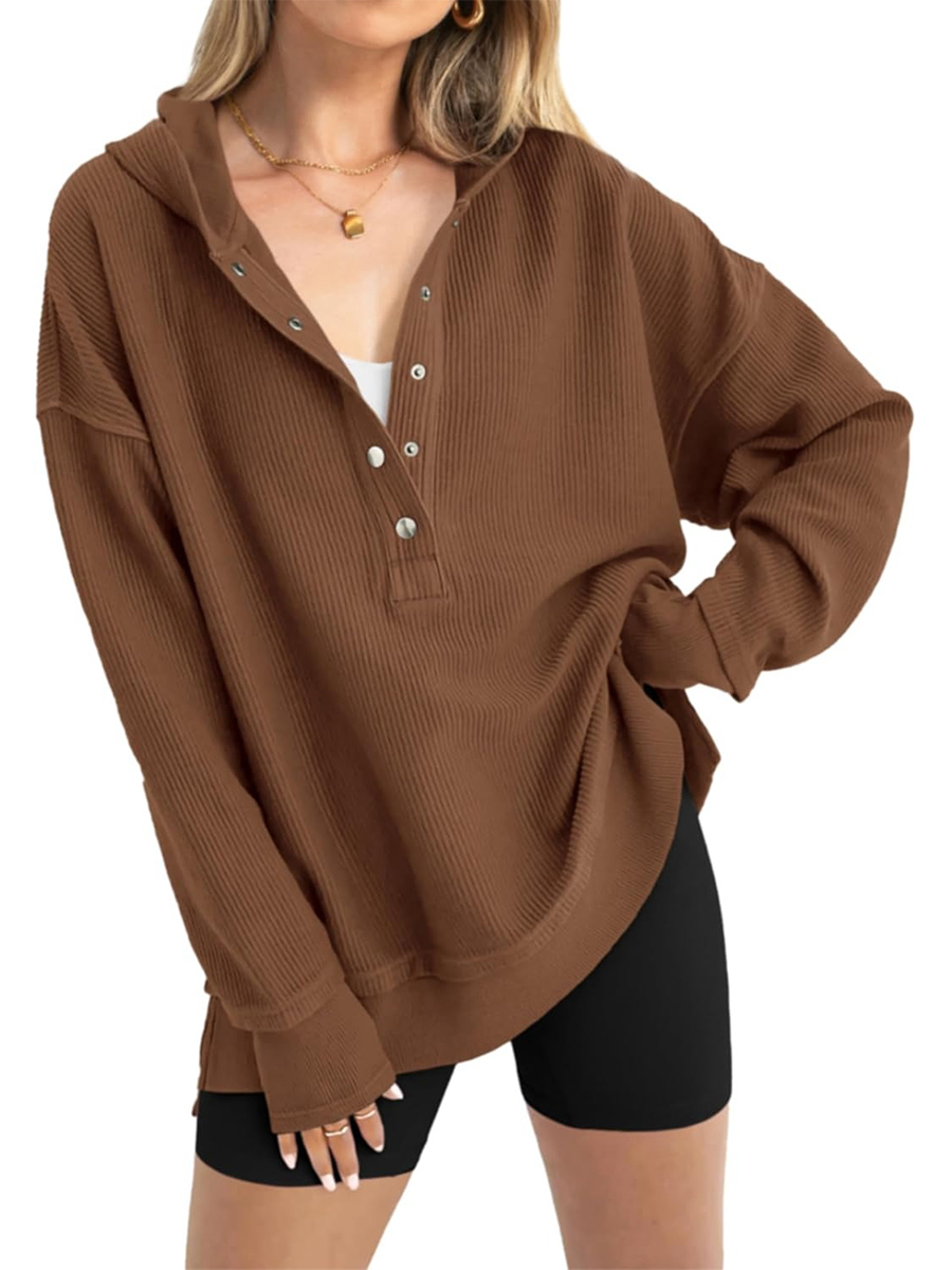 Women's Oversized Button Down V Neck Sweatshirt Side Slit Hoodie