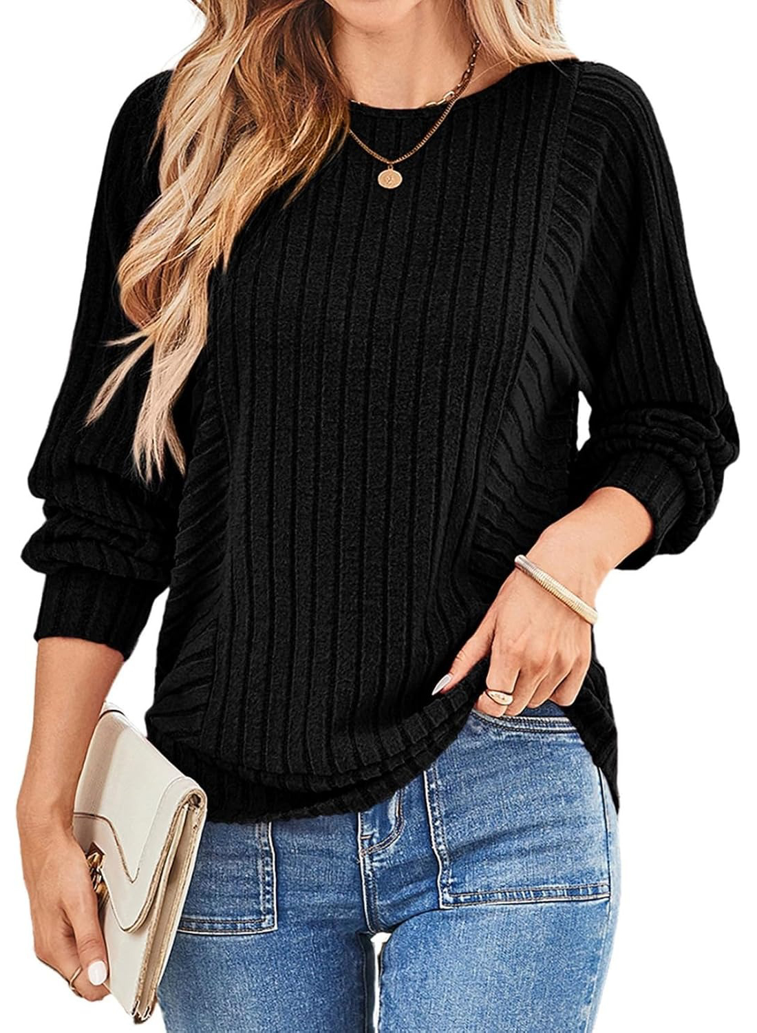Women's Soft Ribbed Crewneck Long Sleeve Shirts Knit Tops