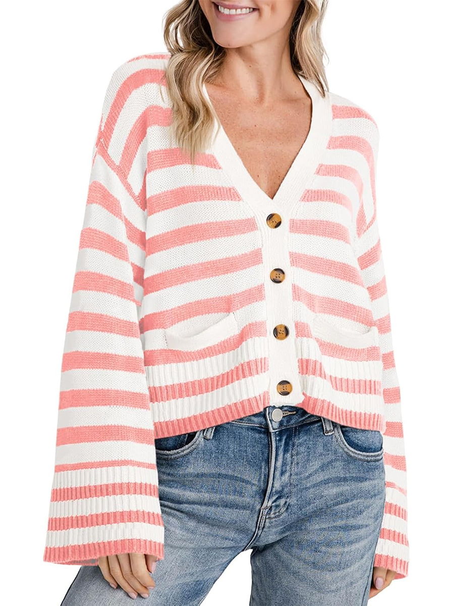 Women's Striped Cropped Button Open Front Long Sleeve Knit Cardigan Sweater