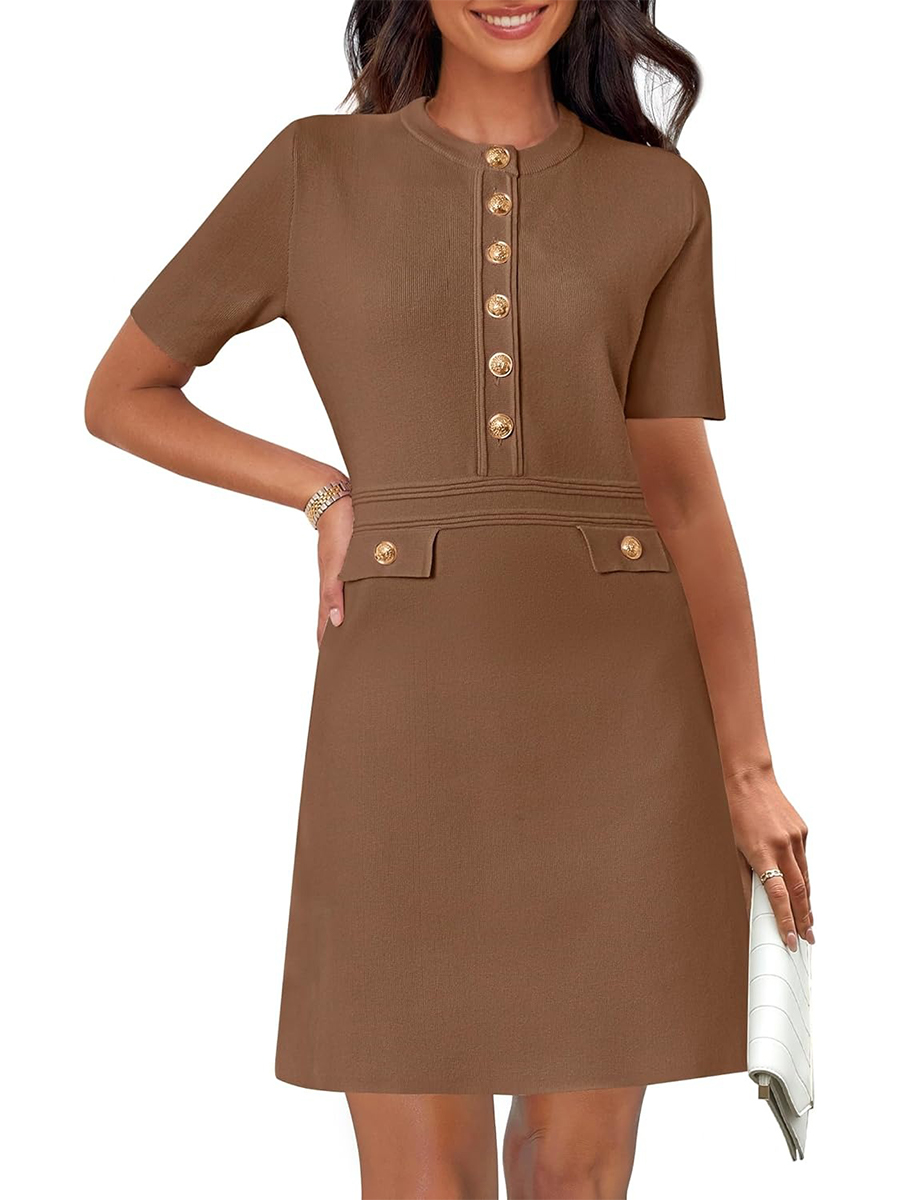 Women's Elegant Knit Button Short Sleeve Bodycon Mini Dress
