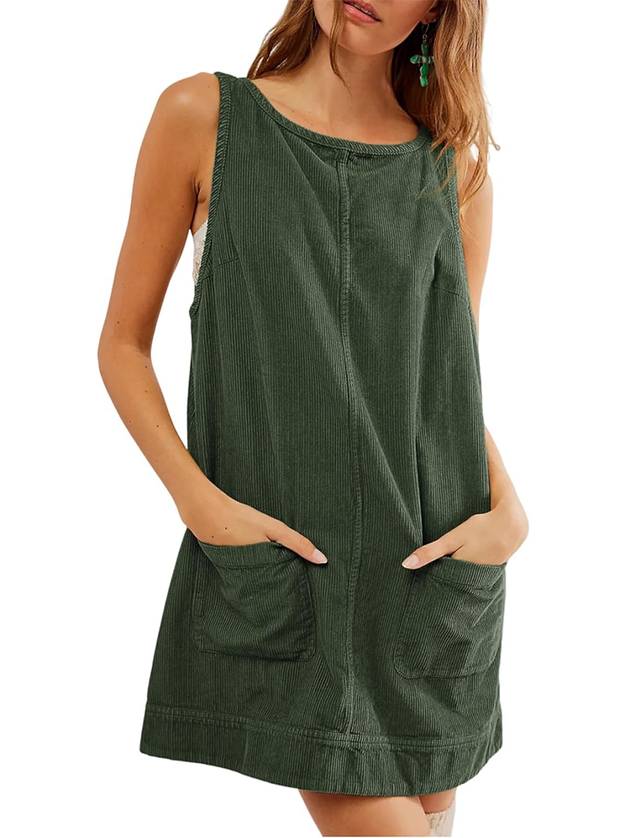 Women's Corduroy Round Neck A Line Overall Dress with Pockets