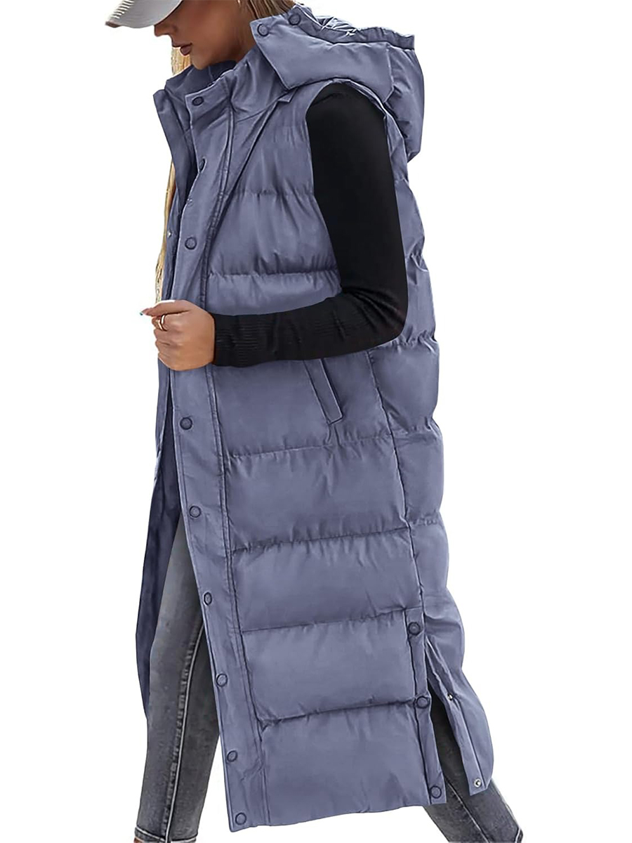 Women's Hooded Button Zipper Long Puffer Vest Jacket Coat