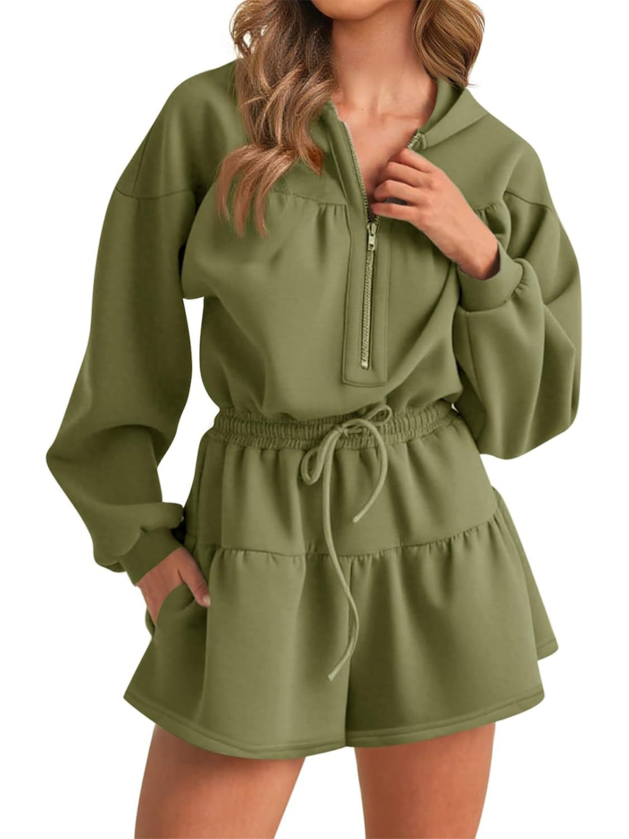Women's Half Zip Long Sleeve Hoodies Drawstring Shorts Rompers 