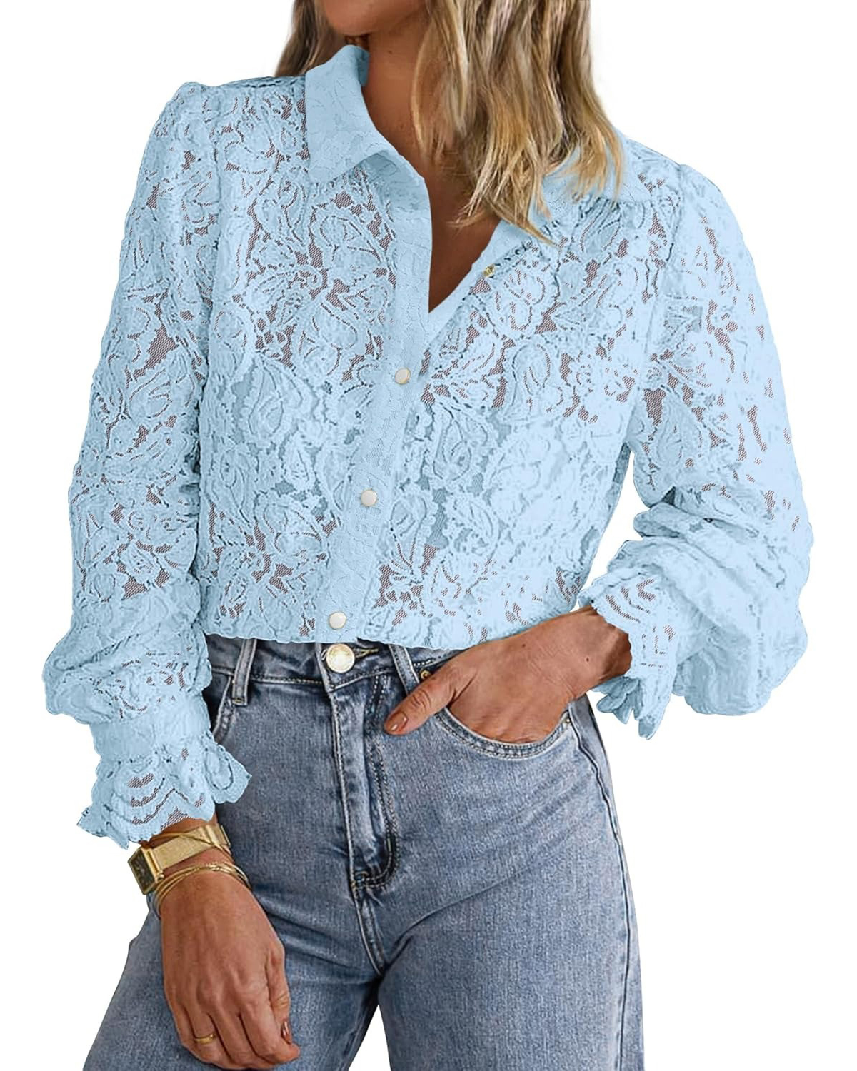 Women's Casual Dressy Lace Button Down Long Sleeve Shirts