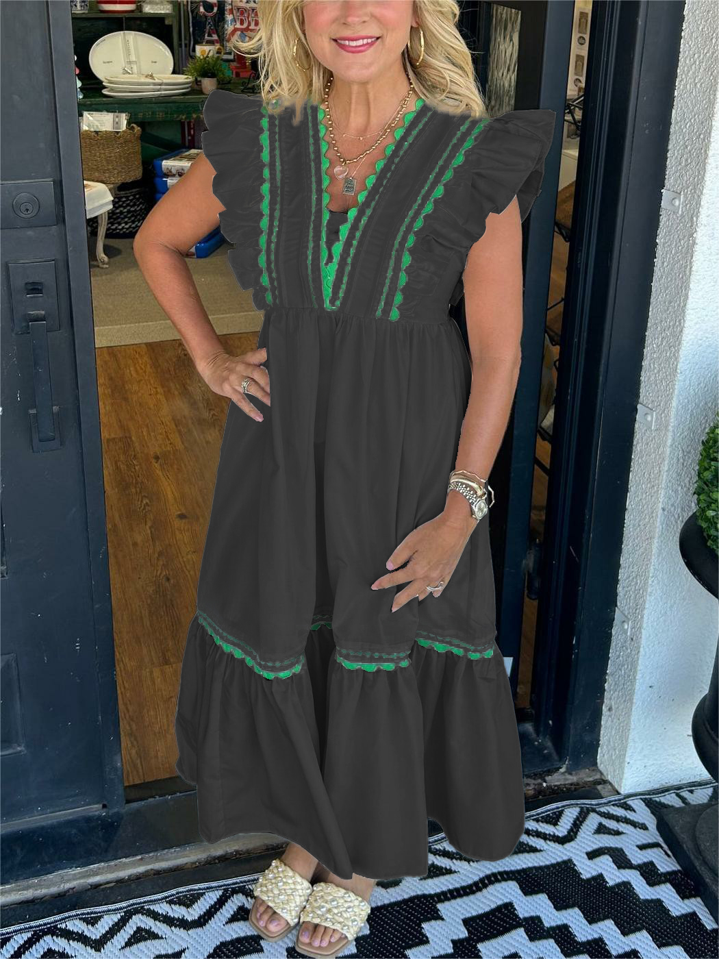 🔥Summer Hot Sale Women's V-Neck Ruffle Sleeve Maxi Dress (Buy 2 Free Shipping)