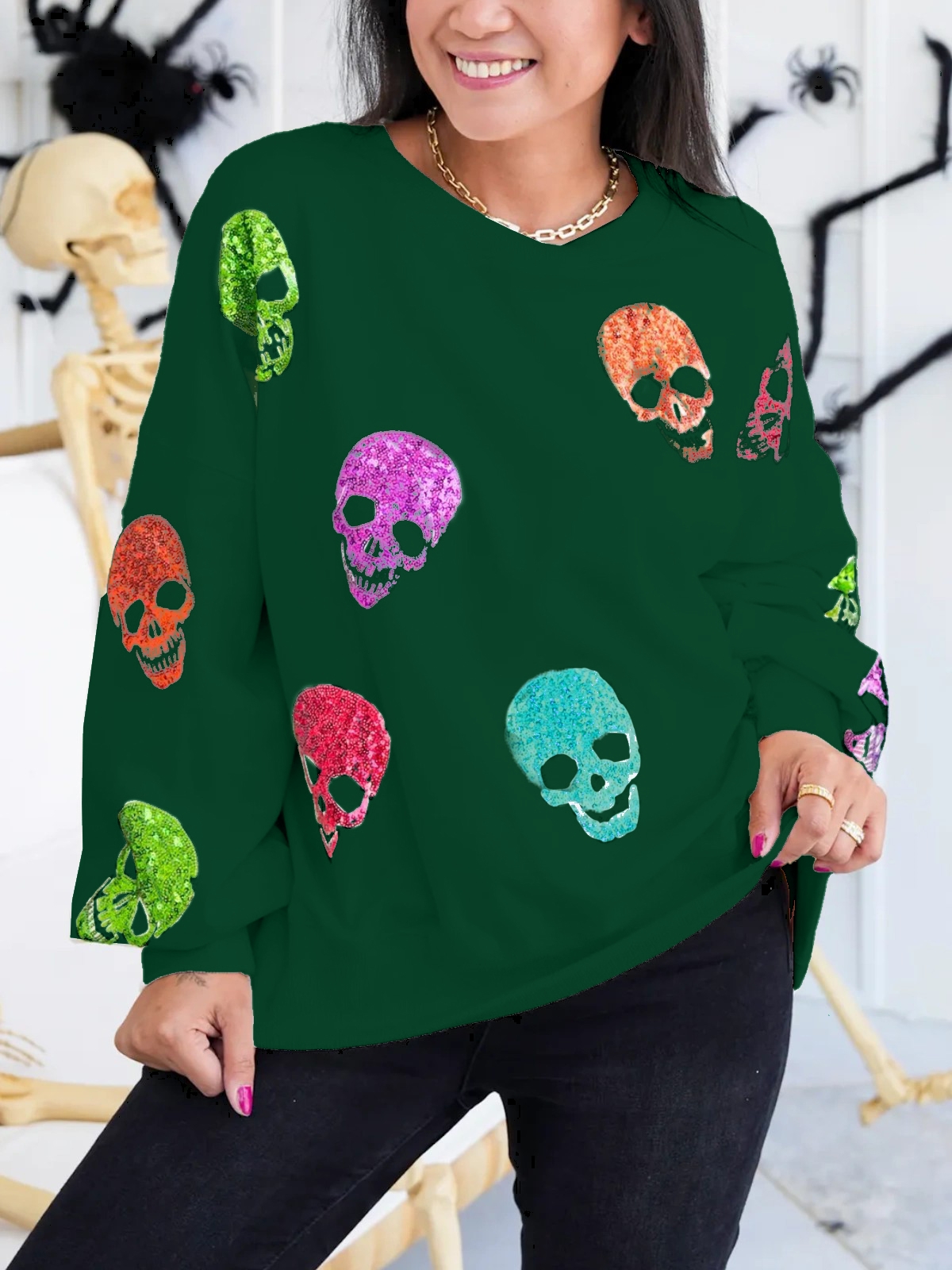 Multi Colored Sequin Skulls Sweatshirt (Buy 2 Free Shipping)